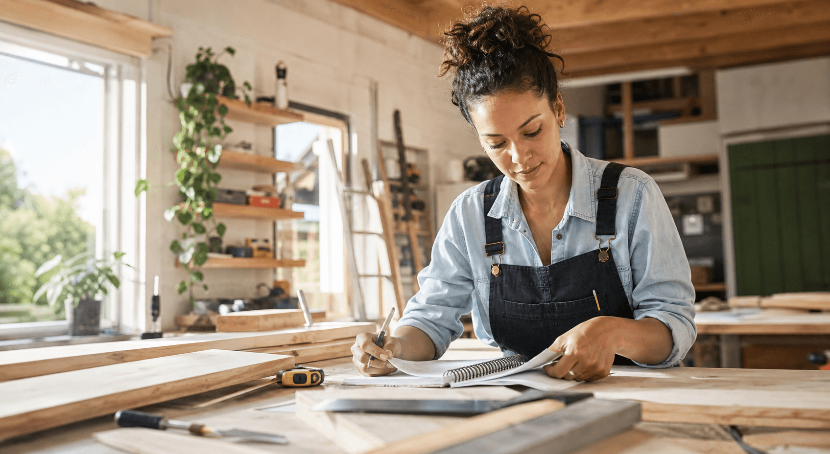 An independent contractor planning a project in her workshop